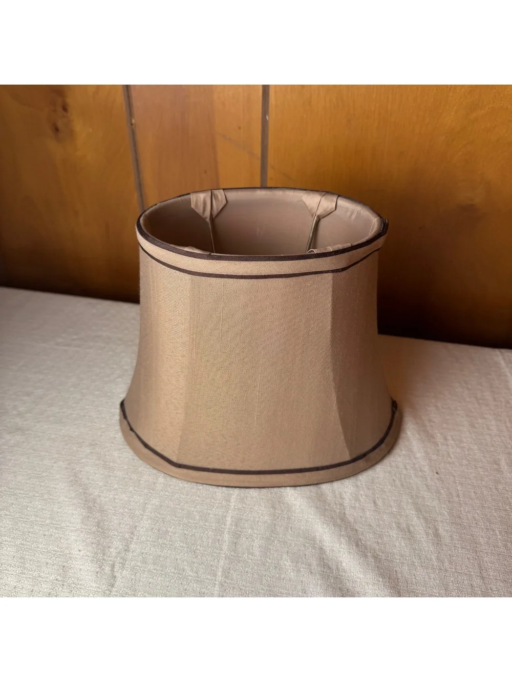 Vintage Bell Shaped Beige Fabric Lampshade Brown Trim 7 Inch Tall